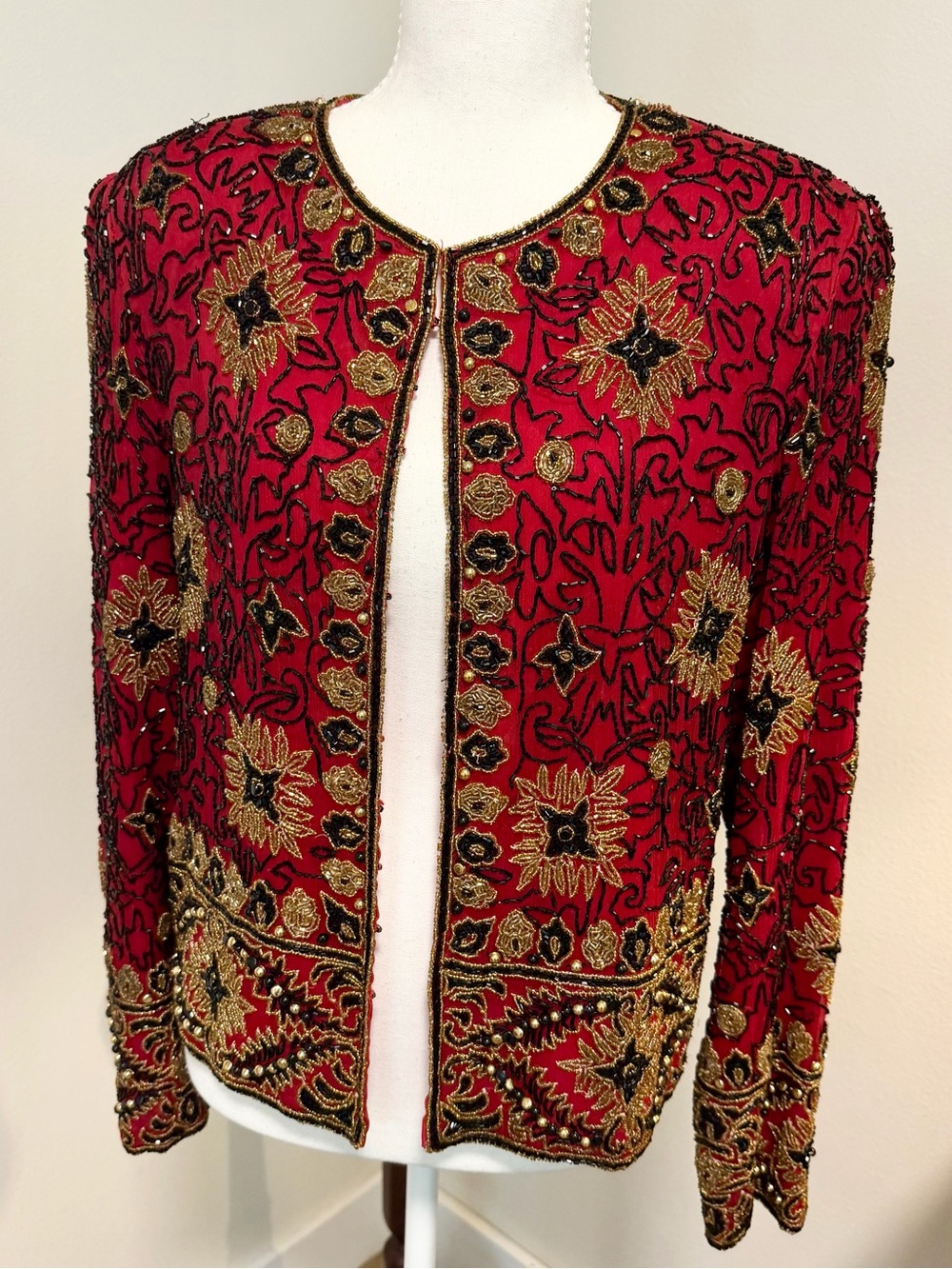 Vintage 1994 Adrianna Papell Red Beaded Floral Evening Jacket Silk India Heavy